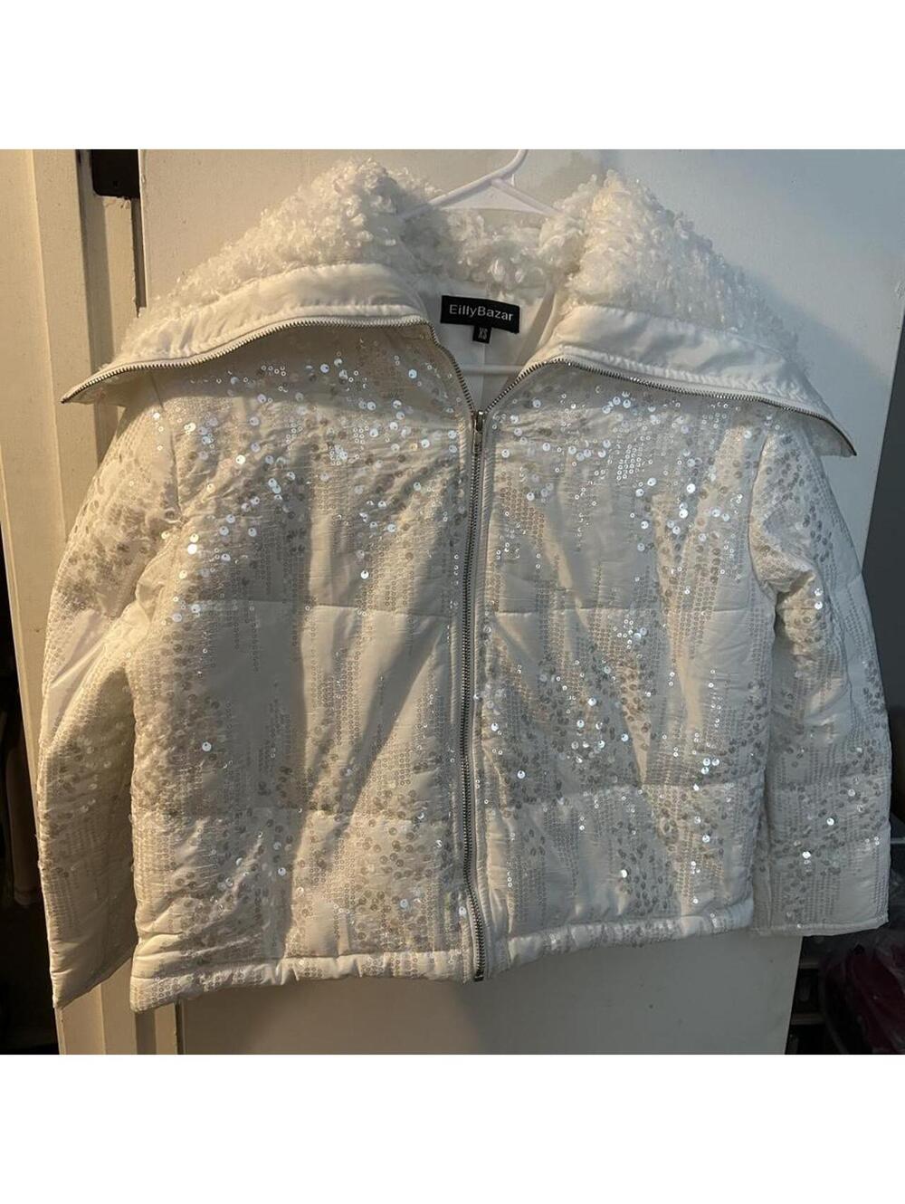 Brand new Eilly Bazar white sequin puffer jacket with faux fur hood size XS